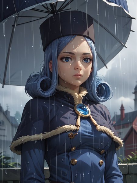 score_9, score_8_up, score_7_up, score_6_up, score_5_up, score_4_up, source_anime, detailed eyes, beautiful eyes, <lora:PONYXL_FD-MegaBreastPack:0.7> <lora:Juvia_Lockser:1> JuviaLockser, azure hair, blue hair, midnight blue eyes, blue eyes, pale skin, blue tattoo, thigh tattoo, Element4, curled hair, hat, capelet, fur trim, headwear, capelet, blue dress, long sleeves, brown belt, brown boots, holding an umbrella in one hand, raining heavily, expressionless,