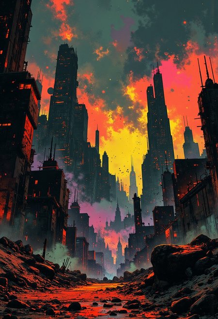 mythp0rt, abstract painting, gradient vibrant neon colours, sci-fi towers and skyscrapers in a futuristic alien cityscape