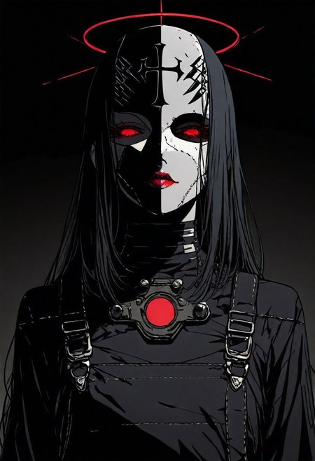 masterpiece, best quality,high quality, newest, highres,absurdres, androgynous figure against a solid black background. The subject is adorned in a futuristic, geometric costume with bold color combinations. The costume is primarily composed of horizontal black and white stripes, which create a stark contrast against the figure's pale skin. The headpiece is a large, circular shape with a gradient from red at the outer edge to white at the center, resembling a halo. The figure's face is painted in a dramatic, almost mask-like style, with a white base and striking red lips. The makeup around the red glowing eyes is heavily accentuated, giving a bold, almost exaggerated appearance. The overall aesthetic is minimalistic yet highly impactful, with a focus on clean lines and bold color contrasts. The image's lighting is carefully controlled, casting subtle shadows that accentuate the contours of the costume and the figure's features. The texture of the costume appears smooth and glossy, enhancing the futuristic and otherworldly feel of the artwork. The composition is symmetrical, with the figure centered and the headpiece extending beyond the frame, drawing the viewer's attention to the central subject. white sphere on the background, dark_theme,soft lighting