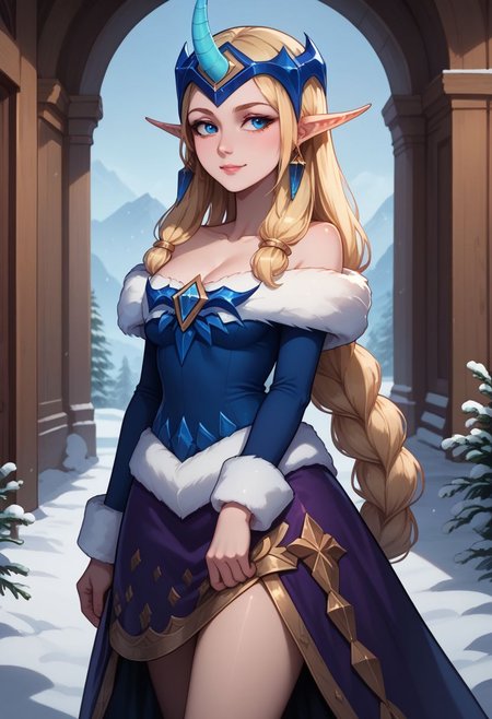 score_9, score_8_up, score_7_up, source_anime, 1girl, wwsoraka, pointy ears, blonde hair, blue eyes, braid, horns, single horn, medium breasts, bare shoulders, collarbone, earrings, jewelry, fur trim, blue dress, long sleeves, cleavage, off shoulder, purple skirt, snow, snowing, standing, light smile, looking at viewer, outdoors, crossed arms, <lora:wwsoraka_v1-000010:1>