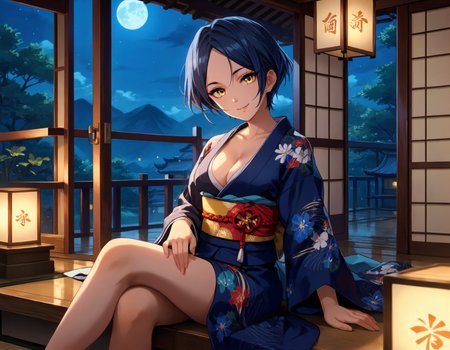 score_9,score_8_up,score_7_up,1girl,solo,sitting,looking at viewer,seductive smile,indoors,night,
<lora:hayamikanade_ponyXLV6:0.8>,cghkn,
blue hair,parted bangs,short hair,yellow eyes,
kimono,obi,cleavage