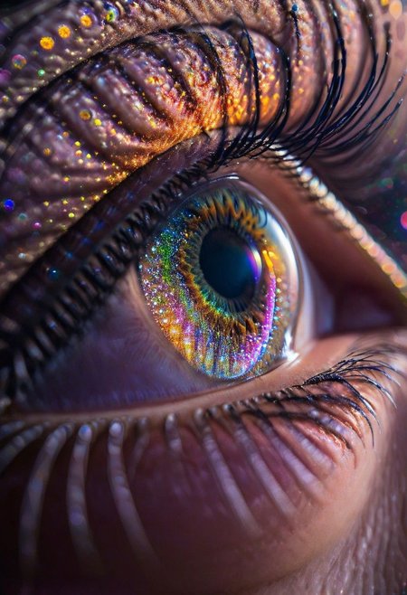 Extreme close up Portrait of a woman, with a spiral rainbowiridal galaxy in the eyes, highly detailed, emotional, bokeh, taken at an angle, f/1.2, canon photography
