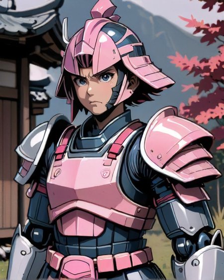 anime style, 1boy, man, rugged, solo, portrait, solo, from front, front view, (full body:0.6), looking away, detailed background, detailed face, (<lora:NESStyleXL:0.8>,  nes-design,   NESStyle theme:1.1), samurai, pink samurai armor, samurai helmet, dynamic pose, calm, samurai crest,  dojo in background, wind, cinematic atmosphere,