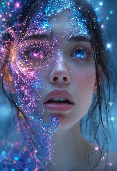 Cinematic style, realism, cinematic quality, Pastel, a young women half portrait,She is looking in disbelieve as her face is disintegrating into fractals which are dominant on one half of her face so that no skin is visible anymore only colorful crystal like looking mathematical and colorful fractals. The fractals are also waving over the other half of her face, getting slightly weaker and less pronounced, fading out. 
The background is misterious blue with shining stars.