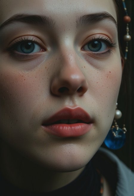 Deep black Hair, Extreme Face and lips Closeup, Focus the lips, Busty, Realistic analog photo, awesome, grey-blue lipstick, high Quality, photorealistic, atmospheric lighting, volumetric lighting, cinematic, Epic Film Quality, dystopian Grey distressed cyberpunk, outworn, , blushed smiling, large bleaked marine-blue translucent sphere pearl earrings, realistic detailed skin, highly volumetric lighting, Cleavage, Feudal neo Tokyo in the Fantasy style of Jan Vermeer, ethereal charming wired princess Cyborg Samurai extreme intricate technical parts Face Closeup, wires and cables AS well as translucent Vintage mechanical robotic hoses, vibrant bleaked Red/grey and deep black color graded, Long blonde billowing hair, throwing kiss, Hairband,