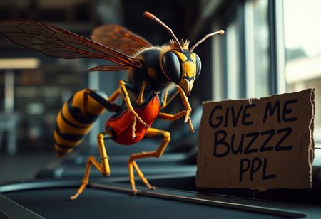 “A large, detailed wasp with a tiny golden crown, dressed in a fitted gymnast suit in vibrant colors, running on a treadmill. Beside the treadmill is a worn, rotten cardboard sign that reads ‘GIVE ME BUZZ PPL’ in rough, hand-drawn letters. Shot with a Panavision 105mm lens to capture a cinematic, high-resolution close-up, emphasizing the wasp’s intricate wing structure, the textures on its exoskeleton, and the suit fabric. The background shows a softly blurred gym environment, with moody, high-contrast lighting and deep colors highlighting each detail on the wasp, the cardboard sign, and the treadmill, creating a whimsical yet dramatic scene.”