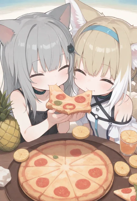 2girls, suzuran (arknights),smile, happy, ^_^, nachoneko, +_+, sparkling eyes, (pineapple slice, pineapple on pizza:1.7), (eating pineapple pizza:1.4), (hawaiian pizza:1.3),  
(zankuro:0.2), wagashi \(dagashiya\), chen bin, very awa, very aesthetic, masterpiece, best quality, amazing quality, absurdres  <lora:ponyv6_noobV1_2_adamW:0.5> <lora:n_XLNBVP1lokrV6311P:0.2> <lora:748cmXLNBVP1lokrV6311PZ:0.2> <lora:ricotte2:0.2>