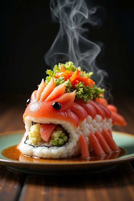 a steaming plate of sushi, its shape shaped like the iconic "Ocean Brotaur," is served with a colorful array of ingredients. The dish comes to life as it's presented in a unique and captivating way, 