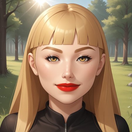 score_9, score_8, BREAK, solo, wii, mii, female mii, wii sports, 1girl, dark yellow eyes, blonde hair, dark blonde eyebrows, red lips, lipstick, black clothing, white pants, shoes, nintendo mii, modern_mii, classic_mii, breasts, Silke_(Wii_Sports), sexy pose, smile, outdoors, sunlight, shadows, evening lighting, natural lighting, forest, trees, grass, orange sky, sunset