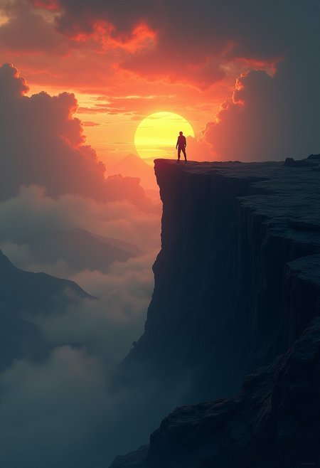 A dramatic and fantastical landscape. A person silhouetted against a warm, glowing sunset or sunrise atop a steep cliff with a rocky surface. A vast valley stretches out below, with dark clouds swirling overhead. The color palette consists of shades of orange, red, and yellow in the sky, with cooler blues and purples in the shadows. The theme appears to be exploration or journey, with the individual at the summit symbolizing the achievement of reaching a peak or overcoming adversity. The background features a massive, stormy sky that stretches across the entire scene, adding to the sense of vastness and drama. The composition is rich in detail, with intricate textures that give a feeling of depth and realism despite the fantastical elements. The concept art style is evident in the attention to detail, the use of light and shadow to create depth, and the overall moody and atmospheric nature of the piece