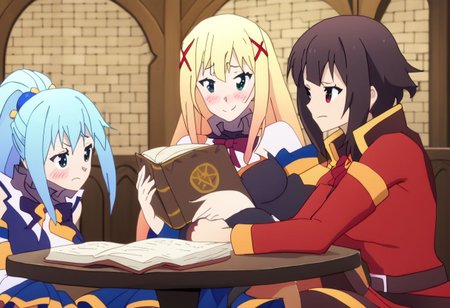 anime artwork Masterpiece, high quality, score_9, score_8_up, score_7_up, (ultra realistic, 32k, masterpiece:1.2), (high detailed skin:1.1), (high quality:1.1),(((3girls))), ((sitting around one table, indoors)), japanese room, table, dim lighting, looking at another,  
BREAK
 smile face, holding whipp, looking to the side, <lora:lalatina-dustiness-ford-s2-ponyxl-lora-nochekaiser:0.8>darkness \(konosuba\), long hair, green eyes, blonde hair, hair ornament, ponytail, braid, x hair ornament,
BREAK serious, sad, holding book, 
<lora:konosuba-megumin-s2-ponyxl-lora-nochekaiser:0.8>
megumin, short hair, black hair, red eyes, short hair with long locks,
BREAK  smug, holding beer, looking to the side,  <lora:Aqua_Pony-10:1> Aqua_(Konosuba), blue eyes, blue footwear, blue hair, blue thighhighs, blush, boots, breasts, bubble, detached sleeves, hair ornament, hair rings, leg up, long hair,  medium breasts, open hand, single hair ring, skirt, holding a beer, beer, sitting on chair,pant less,
