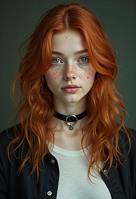 Create a hyper-realistic portrait of a young woman with vibrant, long red hair, gently tousled and flowing over her shoulders. She has striking green eyes with captivating intensity and delicate freckles sprinkled across her fair skin. The expression on her face is serene yet slightly melancholic, with soft, natural makeup highlighting her features. She wears a black choker with a metallic ring in the center, paired with a casual black jacket over a white t-shirt. The lighting is soft and even, with a subtle, moody background in shades of dark green, ensuring the focus remains on her unique, ethereal beauty. Capture a slightly faded, cinematic atmosphere with high detail on facial textures.