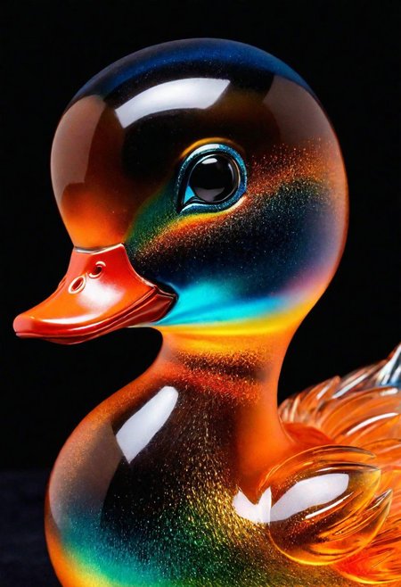 ((masterpiece)), ((top quality)), a close up of a glass adorable baby duckling, inspired by David LaChapelle, high quality product image , coral reef, flora and fauna, cosmic nebula, dark background christian dior style, stunning-design, beautiful, side profile artwork, glass sculpture, multicoloured, displayed, backlight