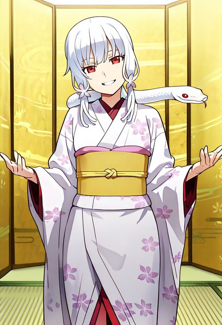 Smooth Quality - Illustrious, sfw,
anime, illustration, nadeko, red eyes,medium hair,white hair,snake hair,albino, 
<lora:NSFWFilter_illusXL_Incrs_v1:-1>
<lora:Snake_on_Shoulders:0.8> sn4k3, snake on shoulders, large snake, white snake,
1girl, solo, standing, cowboy shot, alluring pose, 
japanese clothes, white kimono, furisode, floral print, 
looking at viewer, head tilt, beautiful smile, grin,
golden folding screen, zabuton, tatami,