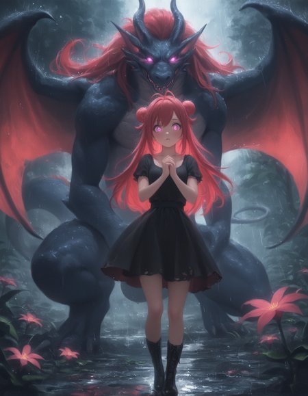 (masterpiece, best quality, highres:1.2), sakimichan_\(style\), 
1girl, rain, double bun, hair bun, standing, long hair, boots, glowing, plant, monster, glowing eyes, pink hair, antenna hair, outdoors, looking at viewer, own hands together, red hair, pink eyes, leaf, purple eyes, dragon, size difference, flower, torn clothes, dress