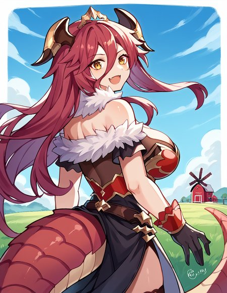 score_9, score_8_up, score_7_up, source_anime, <lora:dragalialost-mym-ponyxl-lora-nochekaiser:1>, mym, mym (dragalia lost), dragon girl, dragon tail, skin fang, hair between eyes, horns, long hair, red hair, yellow eyes,, bare shoulders, black gloves, cleavage, fur trim, large breasts, short sleeves, thighhighs, tiara,, windmill, blades, farm, wind, traditional, smile, <lora:shaft-look-ponyxl-lora-nochekaiser:1>, shaft look, looking back, from behind, head tilt,, looking at viewer, solo,, dutch angle, cowboy shot