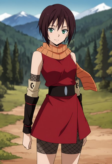 anime screencap, masterpiece, best quality,
<lora:TenSura_Souka_IlluXL:0.9>,
1girl, solo, closed mouth, light smile,
short hair, brown hair, green eyes,
orange scarf, red shirt, detached sleeves, black belt, red skirt, bike shorts, fishnet legwear, 
standing, looking at viewer, cowboy shot,
blurry background, outdoors, mountains, scenery, forest, blue sky