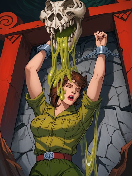score_9, score_8_up, score_7_up,    <lora:10_motu_slime_pit:1> sl1m3 p1t, red pillars, green sl1m3,  dripping sl1m3, dino bone, chained arms, arms above head, cavern, female focus,  <lora:Lady_Jaye_RAH_Pony:1> ladyjaye, rah, short hair, brunette, lips, olive uniform, open collar, short sleeves, green pants, dutch angle, upper body, covered hair, covered face, eyes closed, open mouth, completely covered in slime