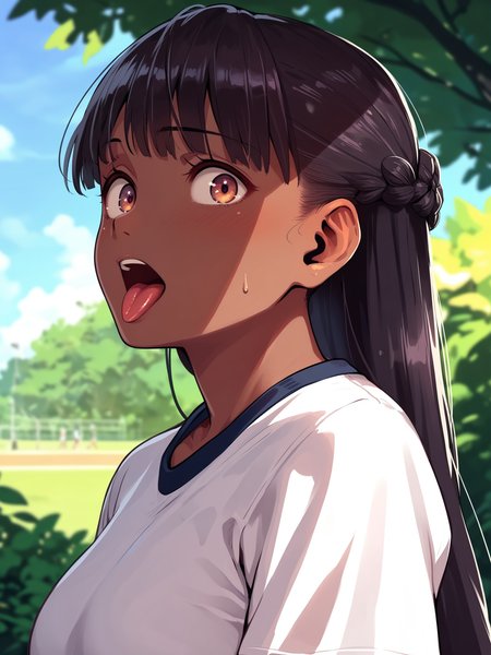 <lora:happy_tentacle-ranee-v0.4-000028:0.9>, ht_ranee, dark-skinned female, gym clothes, outdoors , 1girl, solo, upper body , wide-eyed , (tongue out, open mouth :1.2), , looking at viewer , standing , from side , score_9, score_8_up, score_7_up, score_6_up, score_5_up, score_4_up