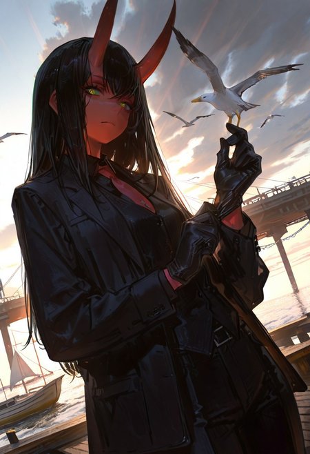 masterpiece, best quality, good quality, newest, highres, absurdres, volumetric lighting,gradient color,
BREAK 
raytracing, volumetric lighting, ambient occlusion, girl, background, masterpiece, best quality, very awa, absurdres, 
BREAK
Aka-Oni, oni, colored skin, (red skin:1.3), straight horns, solo, long hair, model style,
heartshape pupils, aroused, horny,
BREAK
HDR, 8K, high contrast, masterpiece, best quality, amazing quality, very aesthetic, superabsurd res, high resolution, ultra-detailed, absurdres, newest, scenery, (horikoshi kouhei:0.3), (quasarcake:0.3), (wlop:0.3), light rays, chiaroscuro, epic, dynamic angle, foreshortening, epic, dramatic,
BREAK,
pant suit, black suit, suit, formal, black jacket, dock, harbor, outdoors, adjusting clothes, adjusting gloves, cowboy shot, from below,  black pants, red necktie, open jacket, gloves, black gloves, boat, seagull, looking at viewer, black shirt, black vest