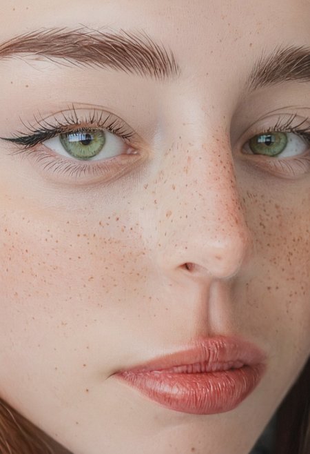 freckles, green eyes, nose, 1GIRL, portrait, black eyes, eye focus, brown eyes, upper body, nicki nicole