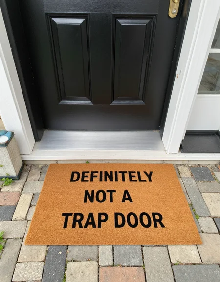 a welcome mat placed in front of an old front door, the mat features the phrase "Definitely not a trap door" in capital letters.