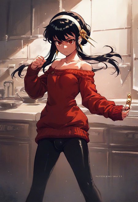 Expressiveh, mai tokiha (Oiled up), score_9, score_8_up, score_7_up, shallow depth of field, godrays, DOF, aperture, aesthetic, high quality, dramatic lighting, intricate details, 1dk, masterpiece, best quality, expressive, solo, 1 source_anime, feminize, soft body, yor briar, black hair, long hair, red eyes, flat chest, solo, jewelry, earrings, hairband, sidelocks, white hairband, doing random house chores, indoors, action pose, kitchen knife, off-shoulder sweater, red sweater dress, bulge, black leggings under sweater,