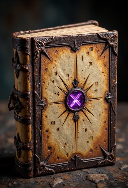 A tattered leather-bound spellbook, its pages yellowed with age and inked with runes that occasionally shift and rearrange themselves. The cover is adorned with a single, deep-cut sigil, glowing faintly in a shade of dark violet. Occasionally, when the book is closed, the binding pulses like a heartbeat, as if something within is desperate to escape. Its spine bears claw marks, as though it has resisted being torn apart.
   , aidmamjv7, aidmaHyperrealism, aidmaimageupgrader