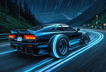 (studio ghibli digital drawing), best quality, masterpiece, extremely detailed, professional art, professional painting, an extremely delicate and beautiful, dynamic, depth of field, elegant, gorgeous, highly detailed, full shot, uncropped, absolutely perfect, highly detailed, breathtaking, sci-fi drift car, hoverwheels, blue glowing hover wheels, drifting around corner, light streaks, beautiful mountain road,
At night, night, night sky, dark sky,