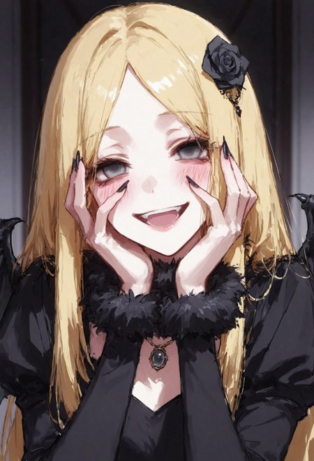 BREAK close-up, sketch, depth of field, ambience sense, anime eyes, detailed anime eyes, upper body 

BREAK r3nn3rBl4ck, blonde hair, grey eyes, long hair, hair ornament, parted bangs, wings, black dress, long sleeves, fur collar, fur trim, black rose, long fingernails, black nails, EyesHD, artist:moriimee, r17329_illu, usnr

BREAK blush, crazy smile, empty eyes, hands on own face, looking at viewer, open mouth, smile, yandere