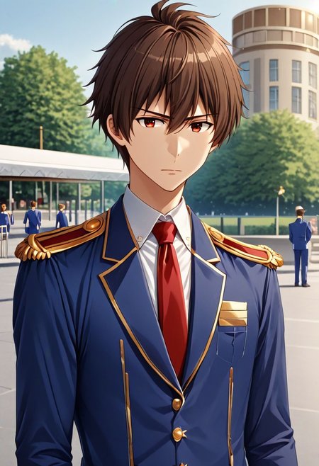 high resolution, solo, best quality, 1Boy, Seiya Kanie, Brownish Hair, Manager, Wihite Shirt, Blue Jacket, theme park, gold aiguillettes, red tie, OverallDetail