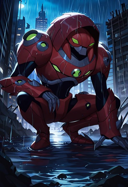 masterpiece, best quality, amazing quality, very aesthetic, absurdres, newest,, detailed background, 
waterhazard, solo, red armor, red hood up, , helmet,  mecha, alien, claws, green eyes, 1boy, 
night city, flowing water, flooded city, crouching, on lamp post, destroyed city, heavy rain, smoking building, 9/11