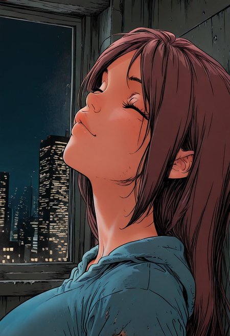 (masterpiece), side view, (ultra-detailed, 8k, gritty cinematic style), mid shot, male pov (best quality), (ultra-detailed), noise effect. chromatic aberration, BREAK 1 girl, brown hair, very long hair, perfect mouth, hoodie, blue hoodie , hoodie down ,eyes at viewer, large breasts, portrait, lean on bedroom wall, cheeks flushed, happy, mouth closed, horny,  head to the left BREAK bedroom, night, Window, city at night
,
