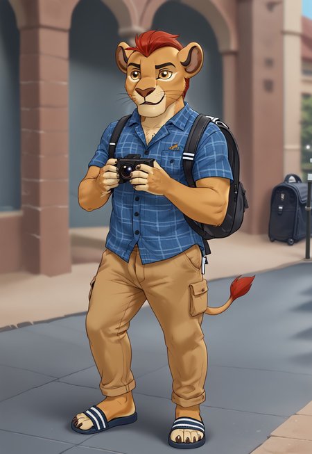 masterpiece, best quality, newest, anime, source anime, illustration, westernvisualnovel style, 

(((Barefoot furry character, cinematic setting, furry male))), eyecatching composition, dynamic pose, dynamic angles, detailed background

(((Kion))), furry character, (((hefty lion boy))), full body, solo, young school lion boy, ((tourist)), flannel plaid shirt, cargo half length pants, half pants, (((in historical center of the city))), (((gothic architecture))), lion feet paws, four toes, foot focus, wearing sandals, adiletteonfeet, backpack, (((holding camera with both hands))),
