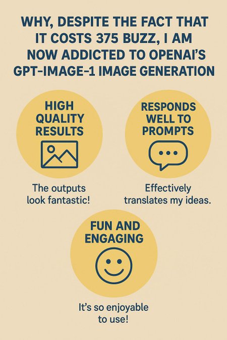 please create an information board on the topic: why, despite the fact that it costs 375 BUZZ, I am now addicted to OpenAI's GPT-image-1 image generation
