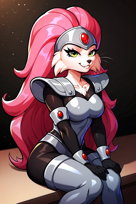 score_9, score_8_up, score_7_up, score_6_up, score_5_up, score_4_up, JennyBOHXL, anthro furry, furry female, white fur, snout, whiskers, green eyes, pink hair, long hair, helmet, forehead jewel, medium breasts, grey armor, red jewel, shoulder armor, black bodysuit, armlet, guantlets, black gloves, armored thigh boots, solo, sitting, seductive smile, looking at viewer, indoors <lora:JennyBOHXL:0.8>