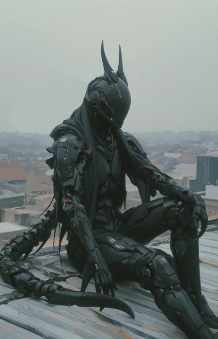 a person wearing an intricate and complex biomechanical black scorpion like exoskelett which has also a long scorpion like  tail that ends in a stinger while sitting on the roof of a building, red and white markings,  <lora:- Flux1 - the_edgy_mech_V1.0-step000012600:.8>