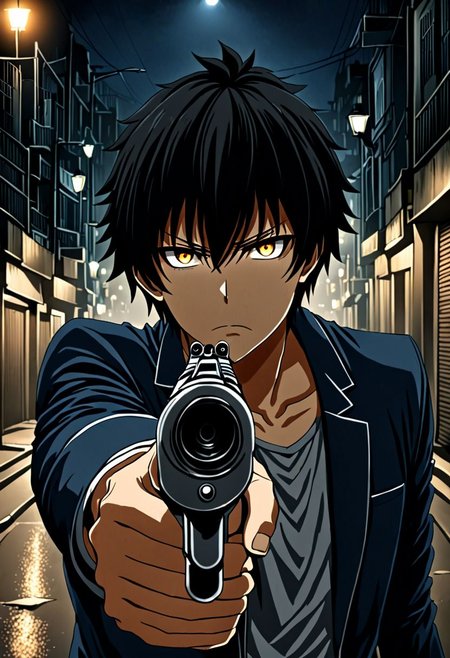 high resolution, solo, best quality, 1Boy, Seiya Kanie, black hair, short hair, portraits, midnight, dim street lights, mysterious, threatening, gun, aiming the gun to the viewer, OverallDetail