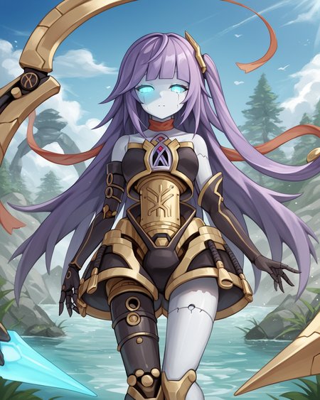 score_9, score_8_up, score_7_up, score_6_up, score_5_up, score_4_up, BREAK source_anime,<lora:add-detail-xl:1>,<lora:Expressive_H:1>,
<lora:Orphegol Galatea _1PONY:1>,orphegol galatea, 1girl, solo, long hair, purple hair, blunt bangs,Blue glowing eyes, android, joints, hair ornament, colored skin, bare shoulders, duel monster, elbow gloves, asymmetrical legwear,