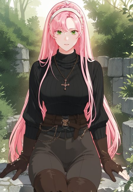 zPDXL3, score_9_up, score_8_up, score_7_up, (Anime_source),Masterpiece,(perfect female body:1.2), small waist,(incredibly detailed:1.4), slim, beautiful fingers, beautiful white skin, Beautiful clear skin, (big breasts:1.2) (thick thighs:1.2), parted lips, looking at viewer,  big breasts, (facing viewer:1.6) legs apart, whole body, <lora:Ailette_Rodeline_-_The_Perks_of_Being_an_S-Class_Heroine-PONY-Kaleid:1>ailette rodeline, long hair, pink hair, eyes green, 1girl, necklace, bangs, braid, hairband (large breasts:1.3) belt, brown pants, gloves, thigh boots, black sweater, sitting on stone