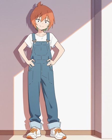 (masterpiece:1.4), (best quality:1.4),  very aesthetic,best quality, amazing quality, absurdres,
yasaku_rei, orange hair, 1girl, solo, short hair, , multicolored hair,
white shirt,half sleeve,denim overalls,oversized pants,white sneakers,orange shoelace,roll-up
 <lora:yasaku_rei:1>
standing,hands on hip,looking at viewer,smile,
full body,
white wall,drop shadow,