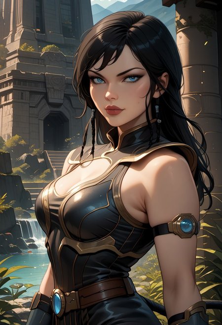 ((zPDXL3)), score_9, score_8_up, score_8, (sexy:2.5), Fantasy, perfecteyes, ultra detailed, high resolution, high quality, masterpiece, intricate details, intricate body, intricate landscape, knva, Expressiveh, European Instagram Model, upper body shot, low light, temple, mountaintop temple,
BREAK
Character: 1girl, solo, source_cartoon, mature female, sateleshandg, black hair, blue eyes, 
Clothing: armor, thigh boots, belt, 
Character Pose: confident stance, cocked hip, cowboy shot, beautiful, full lips, looking at viewer, closed mouth,
<lora:4th_tail_v0.3_lora_extract_l:0.60>