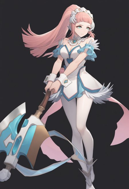 masterpiece, best quality, 1girl, solo, <lora:feh-style-richy-v1_ixl:1.0> fehatk, full body, standing, black background, holding axe, two-handed, huge weapon, simple background,  <lora:felicia-fe-richy-v1_ixl:1> flcctr, aqua eyes, pink hair, long hair, ponytail, blunt bangs, headdress, detached collar, blue brooch, medium breasts, cleavage, white dress, detached sleeves, wrist cuffs, white pantyhose, feather trim
