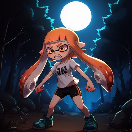 score_9, score_8_up, score_7_up, score_6_up, score_5_up, score_4_up,
luminekoStyle
inkling girl, splat shorts, splat shirt, splattershot (splatoon), 
Night, forest, moon, eyes in the dark, trees, scared, holding splattershot,
