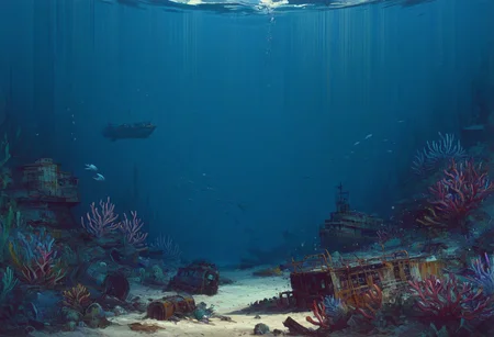 no humans, cargo ship, beached, [rust], underwater, coral, seaweed, algae, fish, sand, trash, night, broken, 35mm, very awa, masterpiece, <lora:Digital_Impressionist_SDXL:1>