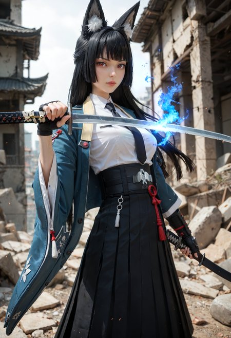 source_anime, score_9,score_8_up,score_7_up,score_6_up,score_5_up,score_4_up, angled, looking at viewer, modern city, ruins, dynamic pose, battle pose, action, wielding katana, lunging, slashing, blue fire, ice energy, slashing graphics, swinging sword, focused, intense expression, foreshortening, zzzmiyabi, miyabi hoshimi, animal ear fluff, animal ears, black hair, bright pupils, fox ears, fox girl, half updo, long hair, red eyes, samurai armor, buckled girdle, sidelocks, white pupils, asymmetrical gloves, black gloves, black necktie, black skirt, blue jacket, collared shirt, fingerless gloves, gloves, high-waist skirt, jacket, pantyhose, long skirt, necktie, shirt, side slit, single fingerless glove, skirt, white shirt, wide sleeves, one sleeve off shoulder, armored arm, scabbard