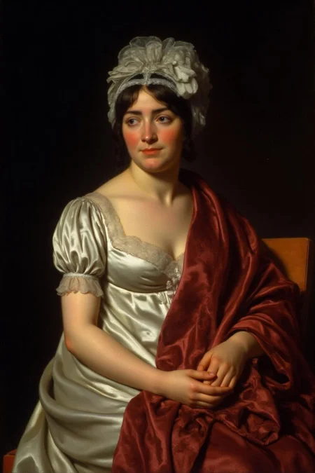 jldavid1 painting.
The seated woman is depicted in a refined, formal setting. She is dressed in an elegant, cream-colored satin dress with puffed sleeves and a fitted bodice, typical of the Empire style popular during the early 19th century. The dress features a high neckline, indicating a modest yet fashionable attire. Her attire is draped with a rich, deep red cloak or shawl, which cascades over her lap, adding warmth and a touch of luxury. The texture of the fabric appears smooth and slightly glossy, reflecting the light. <lora:jldavid1_cap_d6a3:1.0><lora:815786986133561015:0>