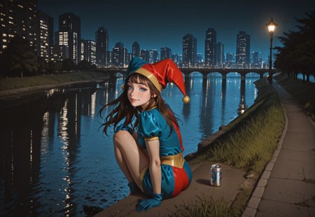 IllusP0s, masterpiece, best quality, amazing quality, newest, very aesthetic, ultra detailed, highres, absurdres, highly detailed, highly detailed background,  HDR, 8K, high resolution, possmach, G0thicL1nes, muted color, high detail, very awa,  BREAK, 1girl, blue eyes, blue gloves, coll-pomni, gloves, hat, jester cap, long hair, looking at viewer, puffy short sleeves, puffy sleeves, solo, small breasts, BREAK, pose, knees to chest, high up, parted lips, full body, smile, wind lift, sitting, looking back, looking at viewer, drink can, bouncing hair, from above, detailed skin, BREAK , outdoors, night, building, river, city, lamppost, sky, grass, bridge, road, cityscape, night sky, city lights, skyscraper, water, tree, real world location, reflection, embankment,
