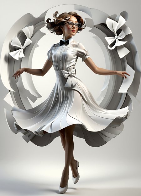 woman, floating dress, dancing, glasses, bow tie, 3d, render, white, 3d shadows, abstract, art nouveau style,
 <lora:3DPrintingXL:0.8> WhiteMold,
<lora:artfully_ECHELIERV2:0.8>