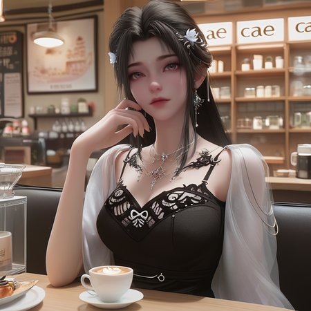 score_9,score_8,score_7_up,<lora:ponyqingyi1:1>,qingyi,looking at viewer,black lace bra,cafe,